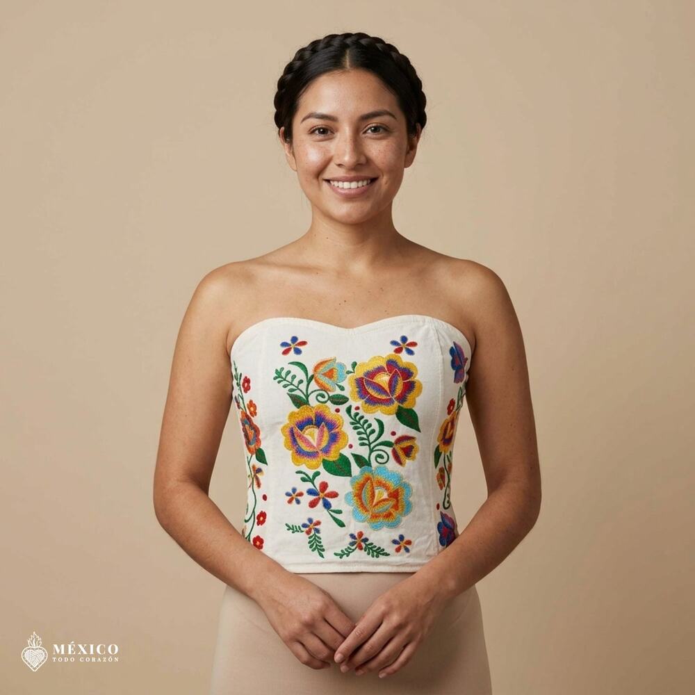 Mexican Embroidered Cotton Manta Corset Top – Handmade Floral Artisan Blouse